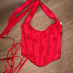 Red Floral Satin Halter Corset Top